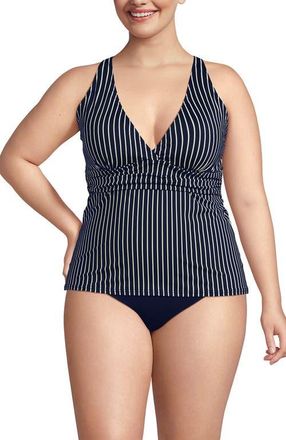 Lands End Chlorine Resistant Plunge X-Back Tankini Swimsuit Top in Deep Sea Navy Multi Floral at Nordstrom, Size 2X