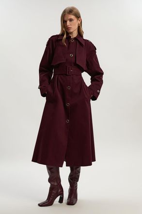 Karen Millen Womens Petite Pleated Back Trench Coat - Berry Cotton - Size 10 UK