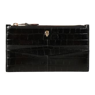 Alexander McQueen Accessoires, Dames, Zwart, ONE Size, Leer, Zwarte platte ritsportemonnee met CC