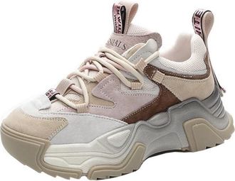Generic Ladies Leather Thick Soled dad Shoes Versatile Color Blocked mesh Breathable Anti Slip Casual Sports Shoes (Beige,5.5)