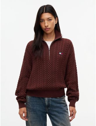 Tommy Hilfiger Womens Tommy Jeans Cable Quarter-Zip Sweater - Pure Brown - XL