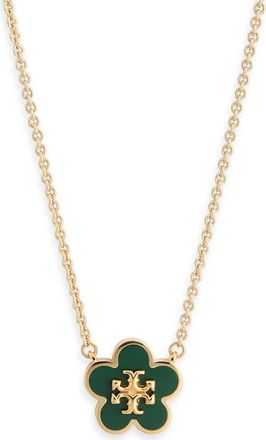 Tory Burch Forget Me Not Enamel Pendant Necklace in Tory Gold /Dark Kale at Nordstrom