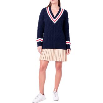 English Factory Cable Knit Pleated Sweater Dress in Navy Multi at Nordstrom, Size X-Small