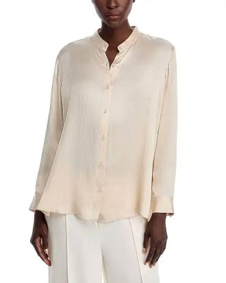 Eileen Fisher Silk Mandarin Collar Shirt In Almond