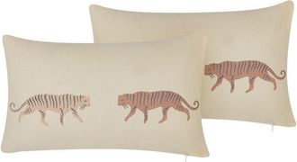 Beliani Conjunto De 2 Cojines De Poli&eacute;ster Algod&oacute;n Beige 30 X 50 Cm Motivo Animal Tigre Fundas Extra&iacute;bles Cremallera Moderno Boho Nierembergia