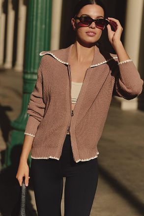 Varley Zip-Front Spread Collar Cardigan Sweater