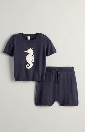 Nordstrom Motif Short Sleeve Cotton Blend Sweater & Shorts Set in Navy Peacoat Seahorse at Nordstrom, Size 12M