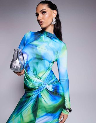 Daska Exclusive high neck maxi dress in blue print