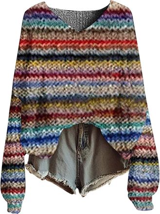 Generic Womens Plus Size Jumpers Icelandic Fair Isle Vintage V Neck Knit Jumpers for Women UK Nordic Ladies Jumper Casual Loose Long Sleeve Womens Sweatshirt 