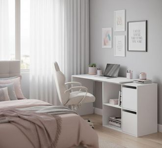 Dmora Escritorio Modular De Cuatro Estantes Bajos, Dos De Ellos Cerrados Por Dos Puertas Batientes Con Posibilidad De Montaje En Esquina, Color Blanco, 152 