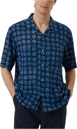 Universal Works Block Print Circles Camper Shirt - Heren - Korte mouwen Overhemden - Blauw - XL - Katoen - Overhemden