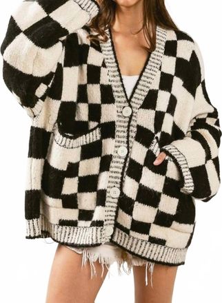 Bibi Patch Pockets Checkered Sweater Cardigan In Black