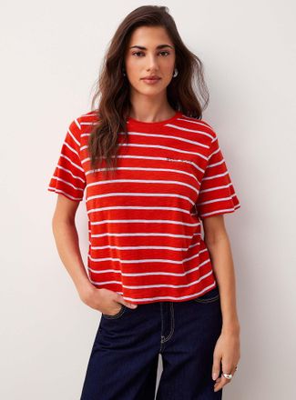 Ichi Womens Small embroidery striped red T-shirt