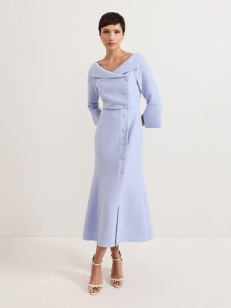 Phase Eight Sienna Asymmetric Collar Midi Tux Dress in Pale Blue at Nordstrom, Size 10