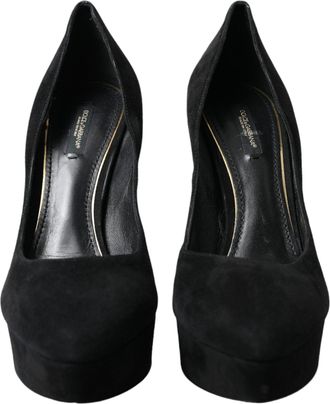 Dolce & Gabbana Black Suede Leather Platform Heel Pumps Womens Shoes