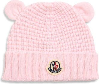 Moncler Kids Teddy Bear Logo Patch Virgin Wool Beanie in Pink at Nordstrom, Size Xxx-Small