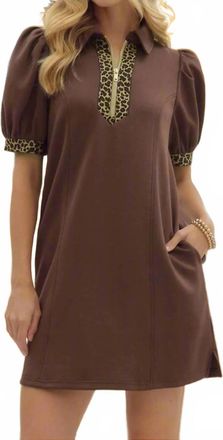Entro Puff Sleeve Mini Dress With Leopard Trim In Brown