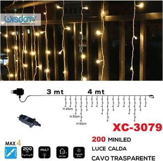Trade Shop Trade Shop - Tenda Luminosa Natalizia 200 Mini Led Luce Calda Cavo Trasparente Xc-3079