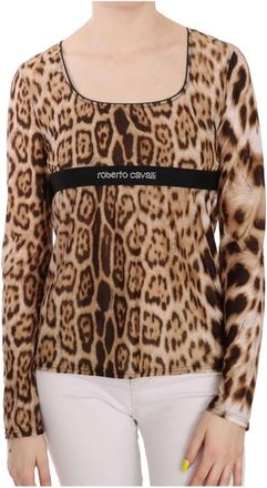 Roberto Cavalli Elegante luipaardtop met lange mouwen - Dames - Longsleeves - Bruin - 3XL - Tops