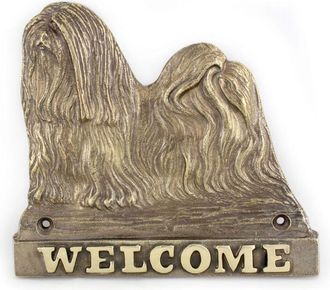 OEM Lhasa Apso - Cartel Para Puerta Con Un Perro, Placa De Bienvenida De Lat&oacute;n, Cartel Exclusivo Con La Palabra Welcome De Art-dog