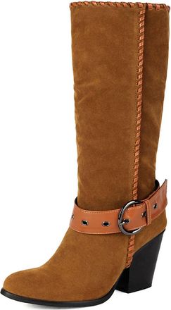 Generic Womens Pull on Slouch Mid-Calf Boots Faux Suede Western Cowboy Boots Mid Chunky Heel Casual Boot with Buckle,Camel,6.5 UK