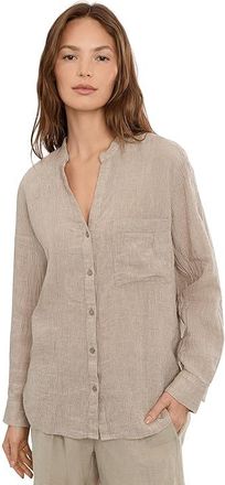 Eileen Fisher Puckered Organic Linen Stripe Mandarin Collar Shirt Womens Clothing Wheat : XS