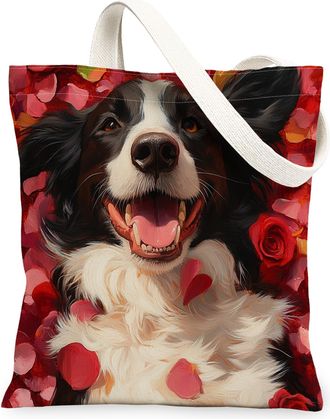 Generic Valentines Day Cairn Terrier Dog Canvas Tote Bag for Shopping 13x15, Lover Rose Puppy Reusable Grocery Print Bag for Women, Pet Beach Aesthetic Painti