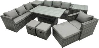 Fimous Fimous PE Rattan Garden Furniture Set Lounge Sofa Rising Dining Table Set with 2 Side Tables 3 Footstool Dark Grey Mixed