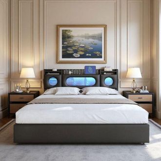 OEM Cama Doble - Moderna - 140x200 - Almacenamiento Inteligente - Iluminaci&oacute;n Led Rgb - Negro Pu