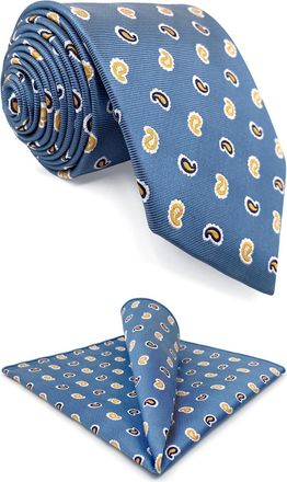 Shlax & Wing Steel Blue Paisley Mens Necktie and Pocket Square Set Yellow Woven Tie and Handkerchief Medium 57.5