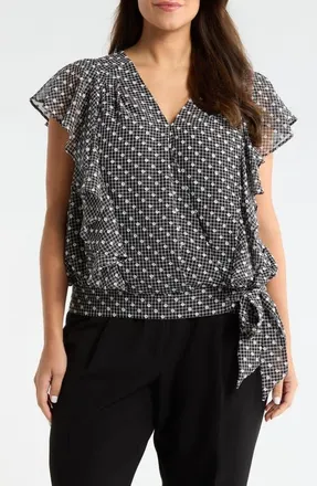 Liverpool Plaid Swiss Dot Flutter Sleeve Ruffle Top in Black/White Plaid at Nordstrom, Size 1X