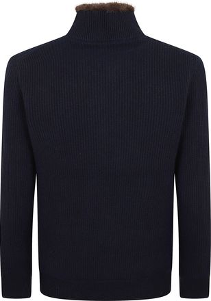 Barba Navy Blue Ribbed Faux Fur Knit Cardigan