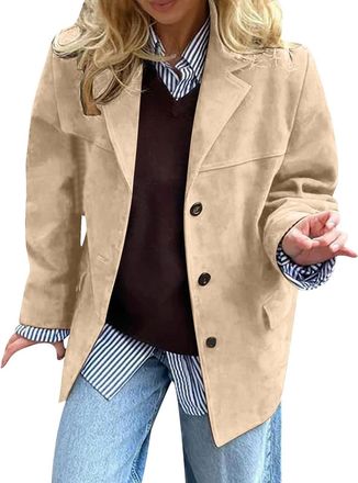 Generic Suede Jackets for Women UK 2025 Fashion Faux Leather Jacket Lapel Collar Long Sleeve Trendy Oversized Suit Blazers Fall Winter Stylish Y2k Outerwear C
