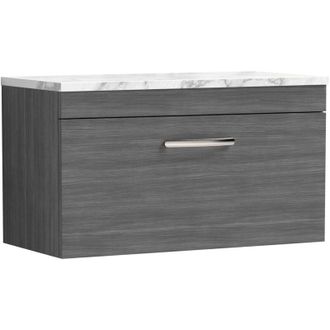 Nuie Nuie Athena Wall Hung 1-Drawer Vanity Unit with Carrera Marble Worktop 800mm Wide - Anthracite Woodgrain
