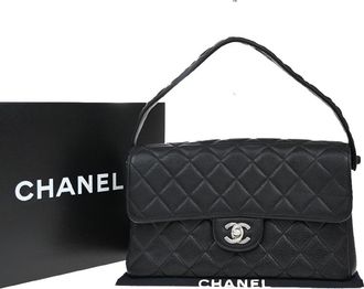 Chanel Vintage Double Sided Flap Bag Quilted Lambskin Black Leather Handbag (Pre-Owned)
