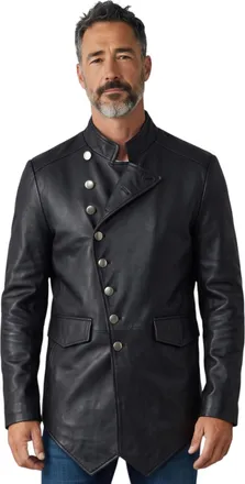 Infinity Leather Mannen Zwart Leren Mandarijn Militair Assymetrisch Jasje - Tauranga