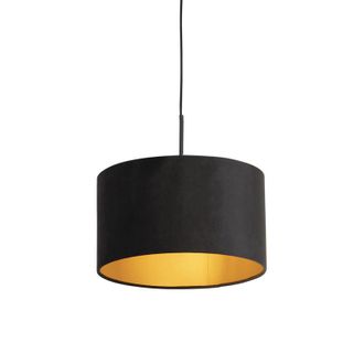QAZQA Qazqa Cl&aacute;sico/antiguo L&aacute;mpara Colgante Con Pantalla De Terciopelo Negro Con Dorado 35 Cm - Combi Acero /textil Cil&iacute;ndra /alargada /redonda Adecuado Pa