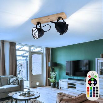 ETC Shop Plafoniera led faretto lampada soggiorno lampada sala da pranzo, griglia metallica nera legno, 2 lampadine E14 faretti mobili dimmerabili telecomando