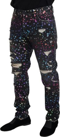 Dolce & Gabbana Mens Black Multicolor Print Tattered Denim Jeans Cotton Clothing
