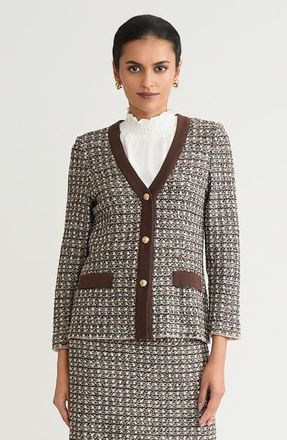 Ming Wang Tailored Contrast Trim Tweed Knit Jacket in Dark Umber/twig/black/ivory at Nordstrom, Size 1 X
