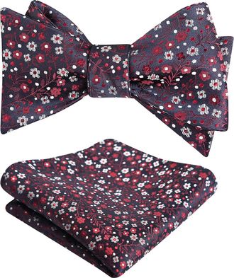 Alizeal Mens Floral Self Tied Bow Tie and Pocket Square for Wedding Party Business Tie Set, Red+White
