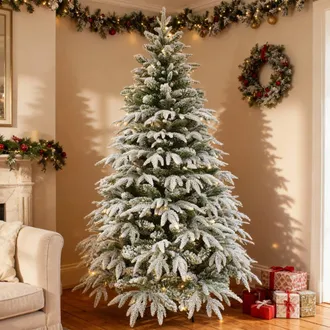 Shatchi 8FT Pre-Lit Lapland Fir Artificial Green Christmas Tree Snow Flocked PE PVC Mixed Tips Hinged Branches Bushy