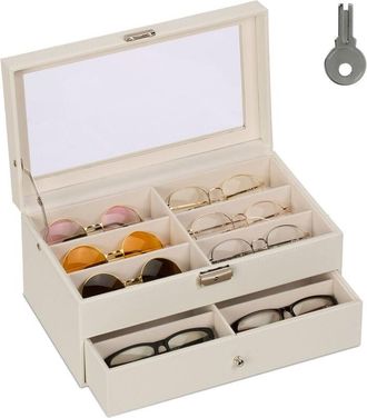 Relaxdays Relaxdays - Glasses Box, 12 Pairs Case, Leather Look, Velvet Cover, Transparent Window, hwd 15.5 x 33.5 x 19.5 cm, White