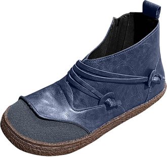 Generic Blue Ladies Casual Winter Ankle Boots Round Toe Side Zipper Flat for Easy Wear During Cold Seasons Great for Leisure and Work with Durable Constructio