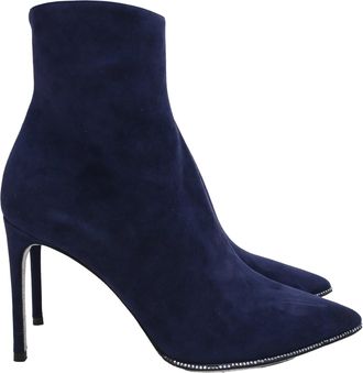 Rene Caovilla Embellished High-Heel Ankle Boots in Navy Blue Suede