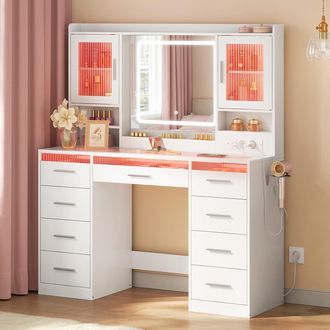Woltu Woltu Tocador Con Luz Led, Enchufe Y Soporte Para Secador De Pelo, 107 Cm De Amplio Espacio De Almacenamiento, 9 Cajones, 2 Armarios Con Puertas, Blan