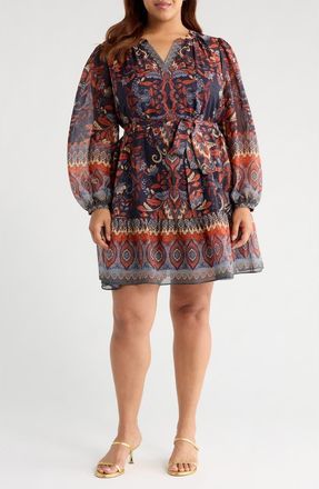 Julia Jordan Metallic Belted Long Sleeve Chiffon Dress in Navy Orange at Nordstrom, Size 20W