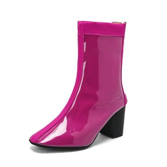 Generic Womens Square Toe Patent Leather Ankle Boots Chunky Heel Casual Booties with Side Zip,Pink,5.5 UK