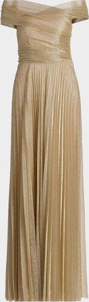Talbot Runhof Metallic Pin Dot Pleated Off-The-Shoulder Gown
