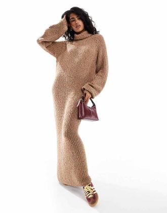 Native Youth Vestito lungo in maglia oversize color avena m&eacute;lange con maniche a palloncino-Neutro